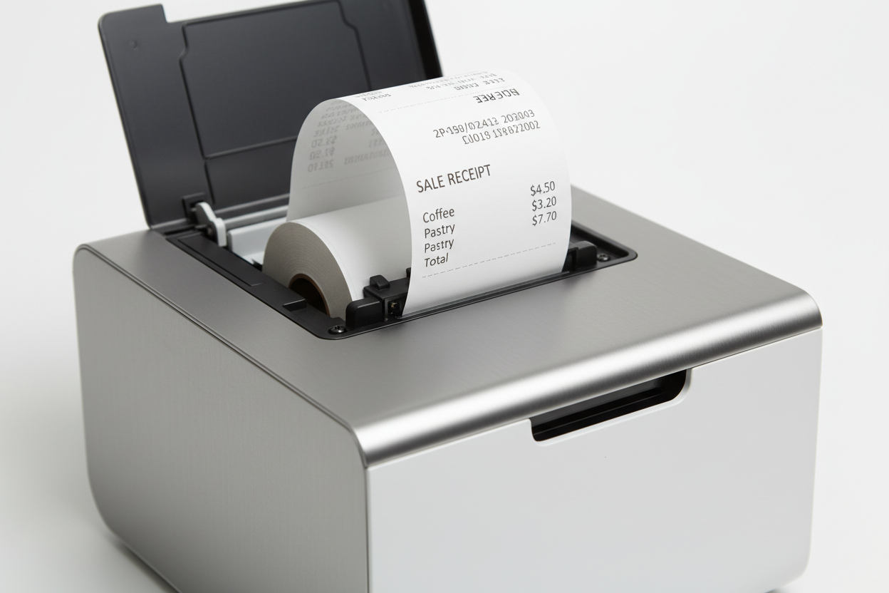 generate me a printer printing receipts on a thermal paper